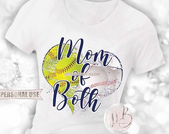 Navy Baseball and Softball Mom of Both Heart T-Shirt Sublimation Design Download • School Sports Ball Park Mom Gift • DIY Print and Press