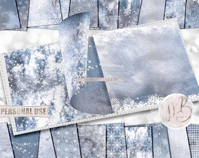 Winter Blues Snowflakes Grunge Scrapbook Paper Download • Distressed Vintage Antiqued Design • Printable Paper Crafts 20 12x12 JPG & PDF