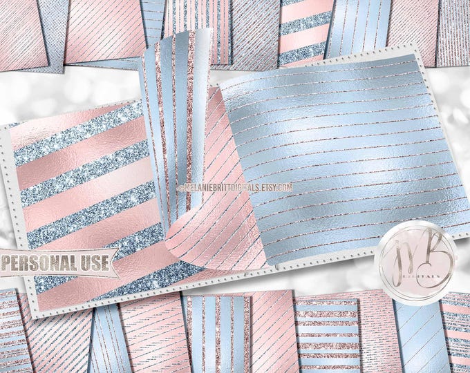 Nursery Glitter Stripes Scrapbook Paper Download • Baby Pink and Blue Glitter Sparkles and Foil • Printable Paper Crafts 20 12x12 JPG & PDF