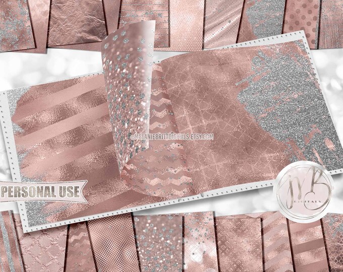 Glam Scrapbook Paper Download • Blush and Silver Tones Sparkling Glitter Shimmering Foil Design • Printable Paper Crafts 20 12x12 JPG & PDF