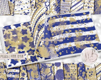 Blue and Gold Watercolor Scrapbook Paper Download • Messy Watercolor Paint Stars Stripes Circles • Printable Paper Crafts 20 12x12 JPG & PDF