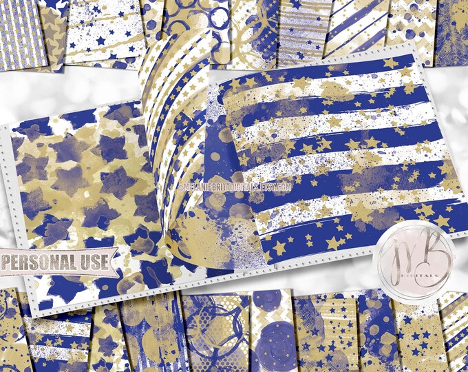 Blue and Gold Watercolor Scrapbook Paper Download • Messy Watercolor Paint Stars Stripes Circles • Printable Paper Crafts 20 12x12 JPG & PDF