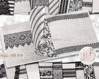 Black Lace and White Burlap Scrapbook Paper Download • Chunky Burlap Vintage Black Lace Design • Printable Paper Crafts 20 12x12 JPG & PDF
