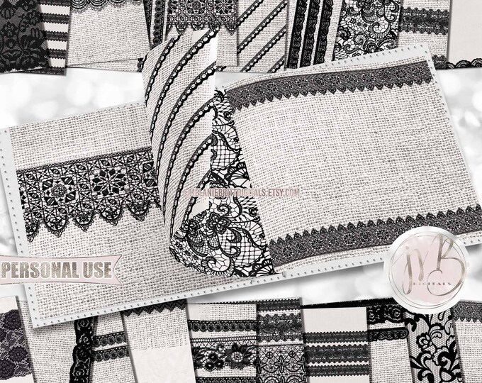 Black Lace and White Burlap Scrapbook Paper Download • Chunky Burlap Vintage Black Lace Design • Printable Paper Crafts 20 12x12 JPG & PDF