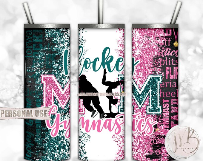 Mom of Both Hockey and Gymnastics 20oz Skinny Tumbler Wrap Sublimation Design Download • Pink and Teal Glitter • DIY Print and Press