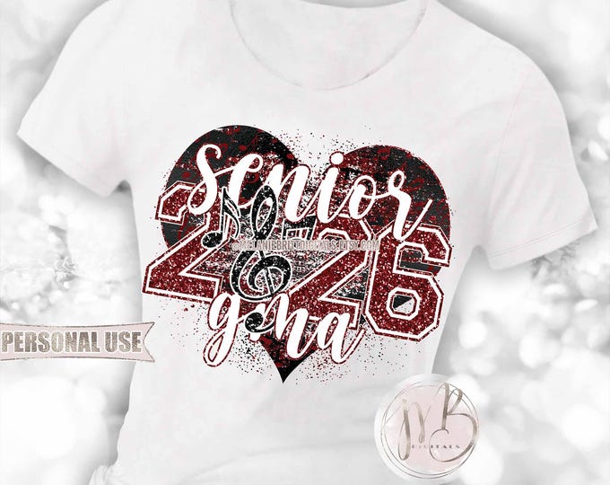 Maroon Band Senior 2026 Gma Heart T-Shirt Sublimation Design Download • Music Notes Marching Band Senior Grandma Gift • DIY Print and Press