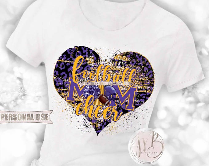 Purple and Athletic Gold Mom of Both Heart T-Shirt Sublimation Design • Football and Cheer Leopard Print Mom Tee Gift • DIY Print and Press