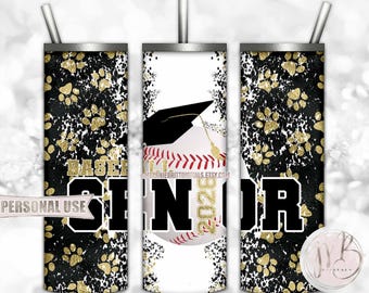 Gold Baseball Senior 2026 20oz Skinny Tumbler Wrap Sublimation Design Download • Paw Prints Baseball Graduation Gift • DIY Print and Press