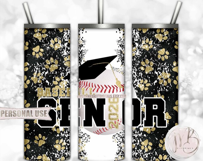 Gold Baseball Senior 2026 20oz Skinny Tumbler Wrap Sublimation Design Download • Paw Prints Baseball Graduation Gift • DIY Print and Press