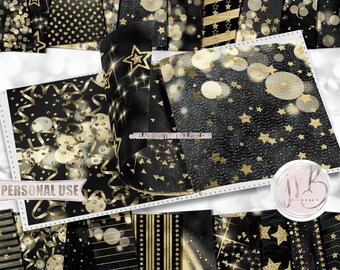 Black Formal Party Scrapbook Paper Download • Gold Stars Streamers Confetti Glitter Foil • Printable Paper Crafts 20 12x12 JPG & PDF