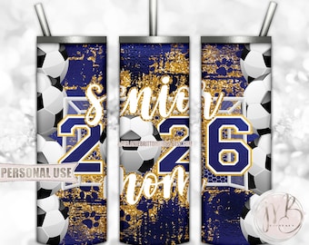 Soccer Senior Mom 2026 20oz Skinny Tumbler Wrap Sublimation Design Download • Blue & Athletic Gold Glitter Paw Prints • DIY Print and Press