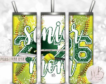 Green Softball Senior 2026 Mom 20oz Skinny Tumbler Wrap Sublimation Download • Softball Helmet Game Day Mom Gift • DIY Print & Press