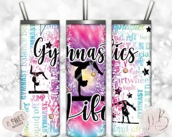 Gymnastics Life 20oz Skinny Tumbler Wrap Sublimation Design Download • Rainbow Tie Dye Gymnast Medals • Sublimation Crafts