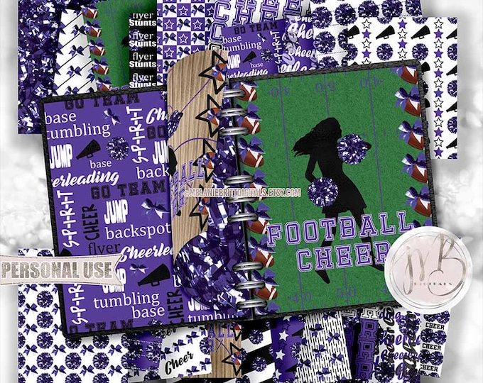 Purple Cheerleading Scrapbook Paper Download • Shiny Pom Poms Bows Megaphone • Scrapbooking Printable