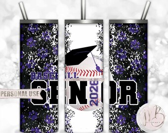 Purple Baseball Senior 2026 20oz Skinny Tumbler Wrap Sublimation Design Download • Paw Prints Baseball Graduation Gift • DIY Print and Press