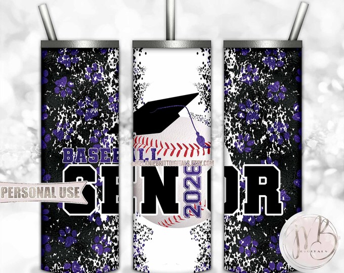 Purple Baseball Senior 2026 20oz Skinny Tumbler Wrap Sublimation Design Download • Paw Prints Baseball Graduation Gift • DIY Print and Press