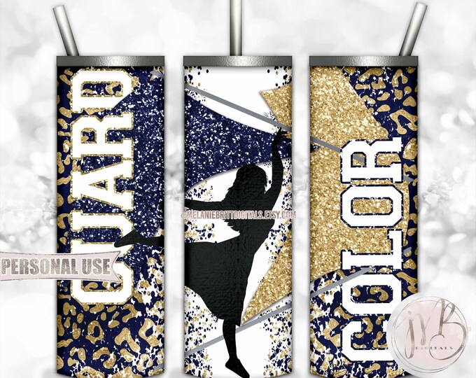 Color Guard 20oz Skinny Tumbler Wrap Sublimation Download • Girl Silhouette Flag Performance Navy and Gold Glitter • DIY Print and Press
