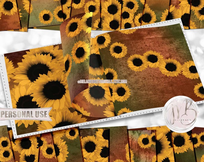 Autumn Sunflowers Scrapbook Paper Download • Classic Sunflowers Distressed Grunge Design • Printable Paper Crafts 20 12x12 JPG & PDF
