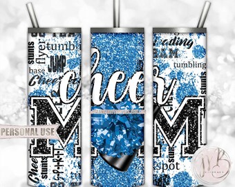 Baby Blue Cheer Mom Glitter 20oz Skinny Tumbler Wrap Sublimation Design • Typography Pom Megaphone Cheer Mom Gift • DIY Print & Press