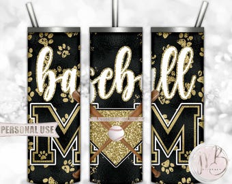 Gold Baseball Mom 20oz Skinny Tumbler Wrap Sublimation Design Download • Paw Prints Bats Home Plate Baseball Mom Gift • DIY Print and Press