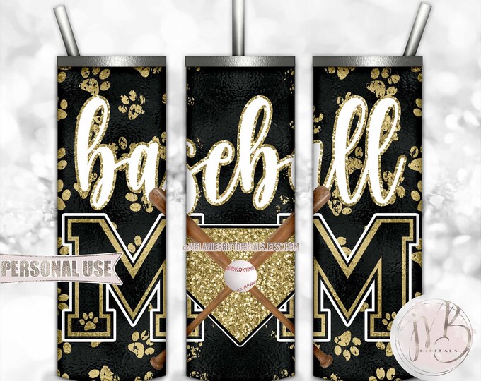 Gold Baseball Mom 20oz Skinny Tumbler Wrap Sublimation Design Download • Paw Prints Bats Home Plate Baseball Mom Gift • DIY Print and Press