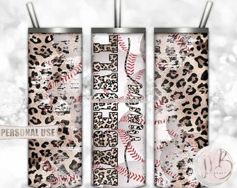Baseball Mama 20oz Skinny Tumbler Wrap Sublimation Design Download • Distressed Baseball Collage Classic Leopard Print • DIY Print & Press