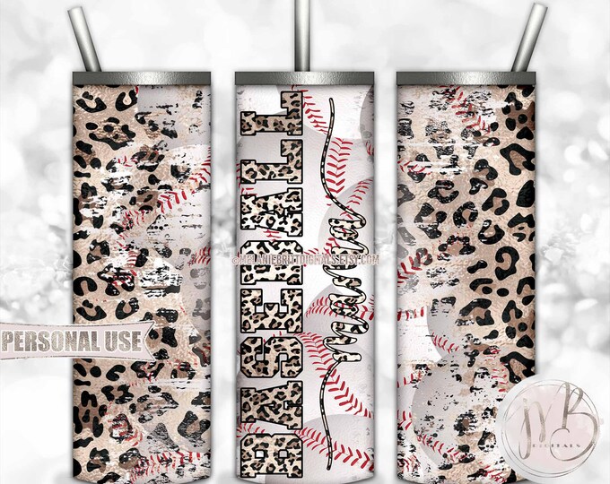 Baseball Mama 20oz Skinny Tumbler Wrap Sublimation Design Download • Distressed Baseball Collage Classic Leopard Print • DIY Print & Press