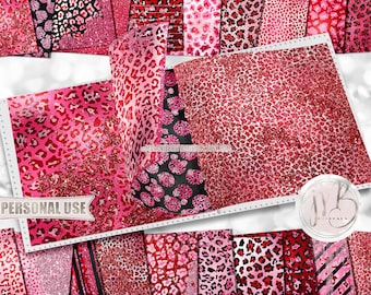Valentines Day Glam Leopard Print Scrapbook Paper Download • Red and Pink Glitter Shimmering Foil • Printable Paper Crafts 20 12x12 JPG PDF
