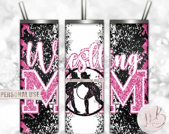 Hot Pink Girl Wrestling Mom 20oz Skinny Tumbler Wrap Sublimation Download • Glitter Varsity Letters Wrestler Mom Gift • DIY Print & Press