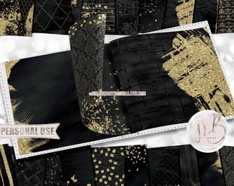 Black and Gold Glam Scrapbook Paper Download • Sparkling Glitter and Shimmering Foil Design • Printable Paper Crafts 20 12x12 JPG & PDF