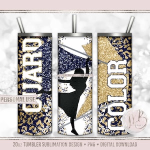 Color Guard 20oz Skinny Tumbler Wrap Sublimation Design • Girl Silhouette Flag Performance Navy and Gold Glitter • DIY Print and Press