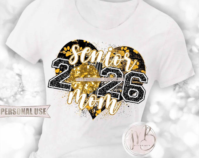 Cheer Senior 2026 Mom Heart T-Shirt Download • Paw Prints Athletic Gold and Black School Colors • Sublimation Print and Press