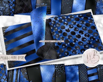 Cobalt Blue and Black Glam Scrapbook Paper Download • Sparkling Glitter and Shimmering Foil Design • Printable Paper Crafts 20 12x12 JPG PDF