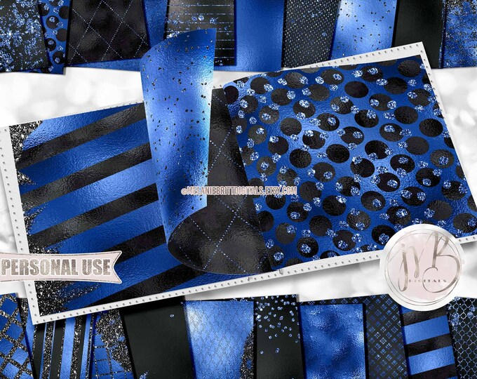 Cobalt Blue and Black Glam Scrapbook Paper Download • Sparkling Glitter and Shimmering Foil Design • Printable Paper Crafts 20 12x12 JPG PDF