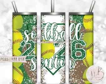 Green Glitter Softball Senior 2026 20oz Skinny Tumbler Wrap Sublimation Design • Varsity Softball Senior Graduate Gift • DIY Print and Press