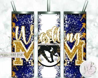 Boy Wrestling Mom 20oz Skinny Tumbler Wrap Sublimation Download • Wrestler Mom Gift Navy and Athletic Gold • DIY Print and Press