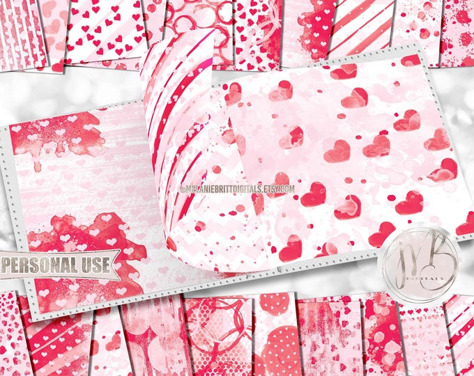 Valentines Day Watercolor Scrapbook Paper Download •  Messy Painted Watercolor Heart Design • DIY Printable Paper Crafts 20 12x12 JPG & PDF