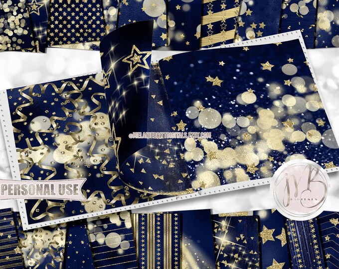 Navy Blue Formal Party Scrapbook Paper Download • Gold Stars Streamers Confetti Glitter Foil • DIY Printable Paper Crafts 20 12x12 JPG & PDF