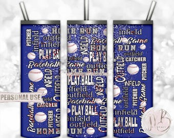 Blue Baseball 20oz Skinny Tumbler Wrap Sublimation Design Download • Scattered Baseballs and Typography School Sports • DIY Print & Press