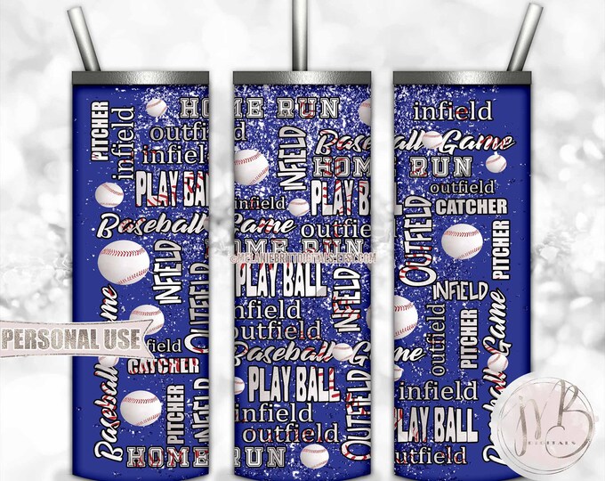 Blue Baseball 20oz Skinny Tumbler Wrap Sublimation Design Download • Scattered Baseballs and Typography School Sports • DIY Print & Press