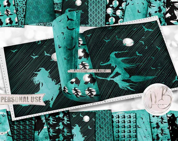 Turquoise Grunge Happy Halloween Witches Scrapbook Paper Download • Good and Wicked Witch Party • Scrapbooking Printable