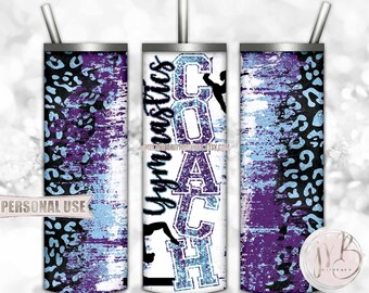 Gymnastics Coach 20oz Skinny Tumbler Wrap Sublimation Design Download • Purple and Light Blue Leopard Print Coach Gift • DIY Print and Press