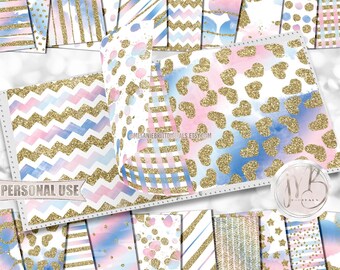 Glam Watercolor Scrapbook Paper Download • Pink and Blue Gold Glitter Watercolor Design • DIY Printable Paper Crafts 20 12x12 JPG & PDF