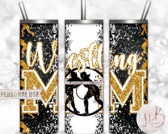 Athletic Gold Girl Wrestling Mom 20oz Skinny Tumbler Wrap Sublimation Design • Glitter Varsity Letters Wrestler Mom Gift • DIY Print & Press