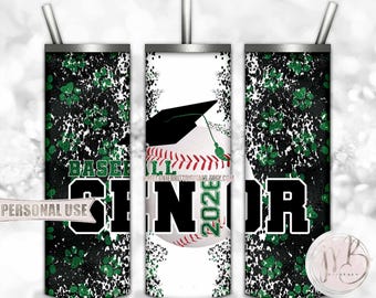 Green Baseball Senior 2026 20oz Skinny Tumbler Wrap Sublimation Design Download • Paw Prints Baseball Graduation Gift • DIY Print and Press