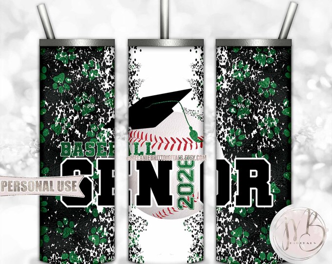 Green Baseball Senior 2026 20oz Skinny Tumbler Wrap Sublimation Design Download • Paw Prints Baseball Graduation Gift • DIY Print and Press