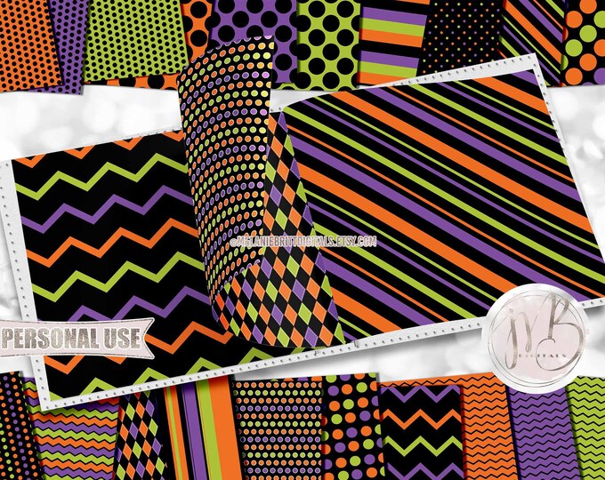 Colorful Halloween Classic Scrapbook Paper Download • Lime Purple Orange Black Patterned Design • Printable Paper Crafts 20 12x12 JPG & PDF