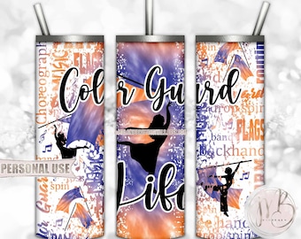 Blue and Orange Tie Dye Color Guard Life 20oz Skinny Tumbler Wrap Sublimation Design • Flag Performance Typography • DIY Print and Press