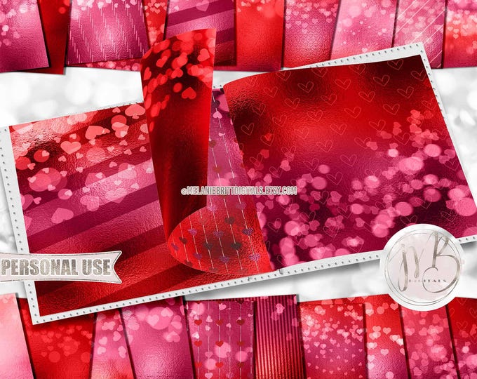 Valentines Day Scrapbook Paper Download • Bokeh Hearts Red and Pink Shimmering Foil Design • DIY Printable Paper Crafts 20 12x12 JPG & PDF