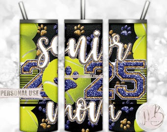 Tennis Senior 2025 Mom Glitter 20oz Skinny Tumbler Wrap Sublimation Design • Blue and Athletic Gold Paws Tennis Mom Gift • DIY Print & Press